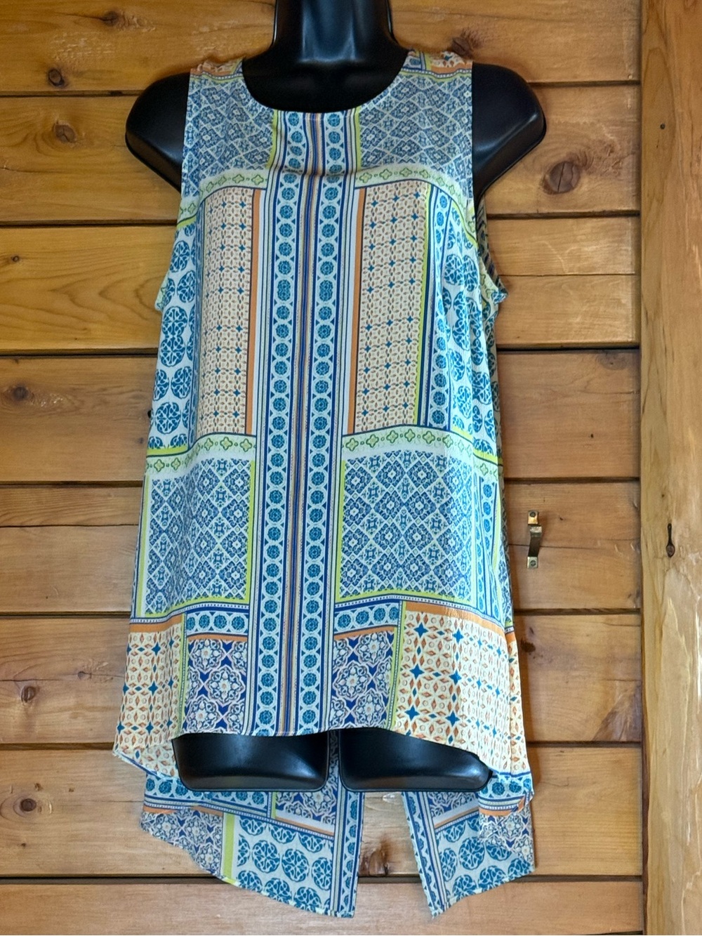 Rose + Olive Geometric Mosaic High Low Tank Top Blue Green Boho Size L